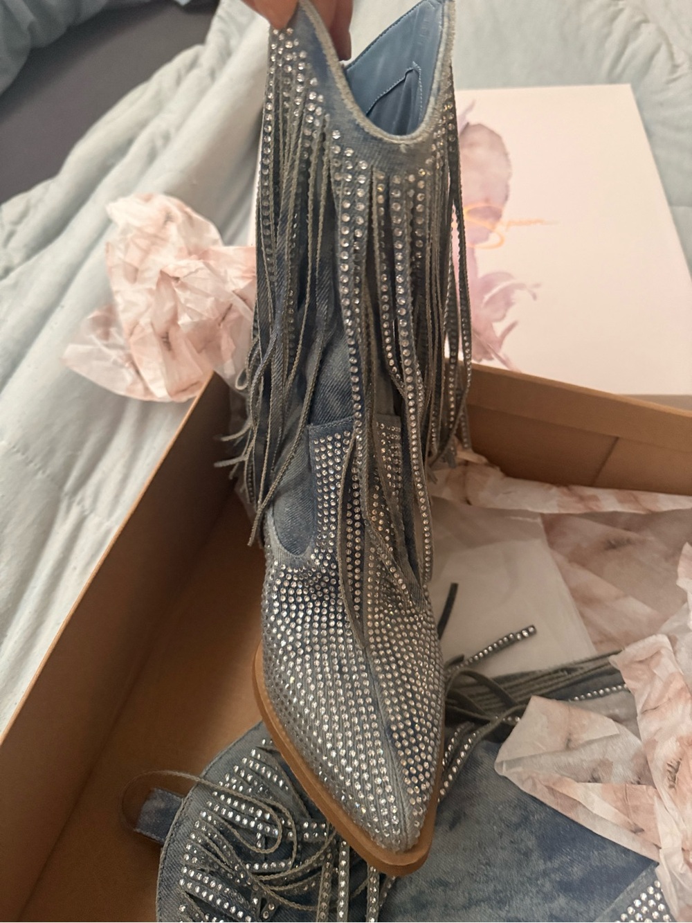 Women’s denim fringe boots - Silver Rhinestone Fringe Boots - Picture 3 of 10